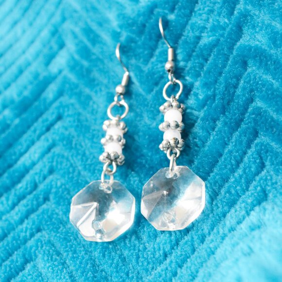 White and Silver Beaded Drop Earrings Handmade Hypoallergenic Jewelry - Picture 2 of 4